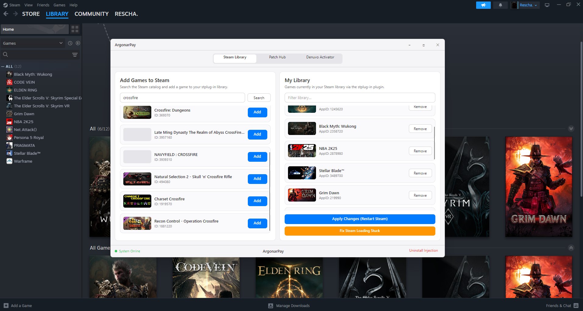 Game N' Seed running over a real Steam Library — Crossfire titles being added on the left, Black Myth Wukong, NBA 2K25, Stellar Blade, Elden Ring, and more already in the library on the right